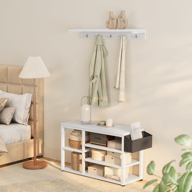 Portemanteau de 39,4 po de largeur avec banc, rangement pour chaussures et 6 portemanteaux, Blanc