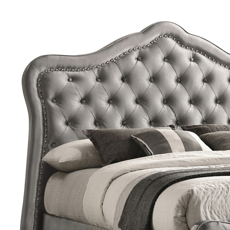 Upholstered Tufted Panel Bed With Nailheads In Grey, Queen, Dark Gray