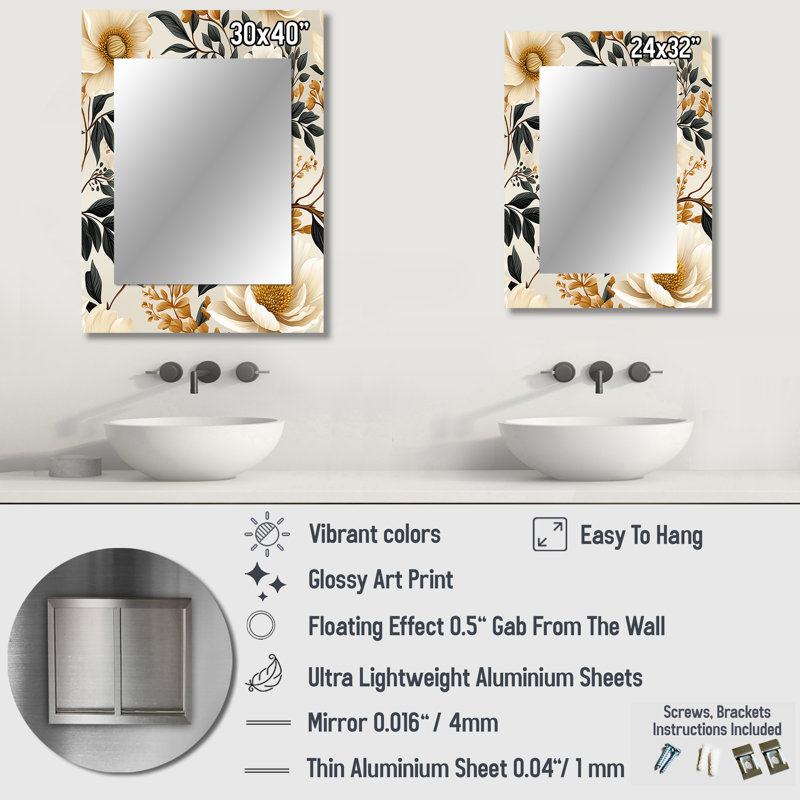 Vintage Ivory Flower Symphony - Floral Mirror Wall Decor, 32" x 24"