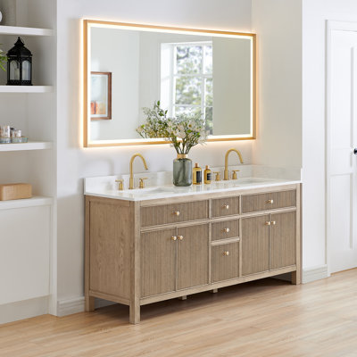 Meuble-lavabo double Lala de 72 po avec comptoir en pierre reconstituée blanche grainée et miroir