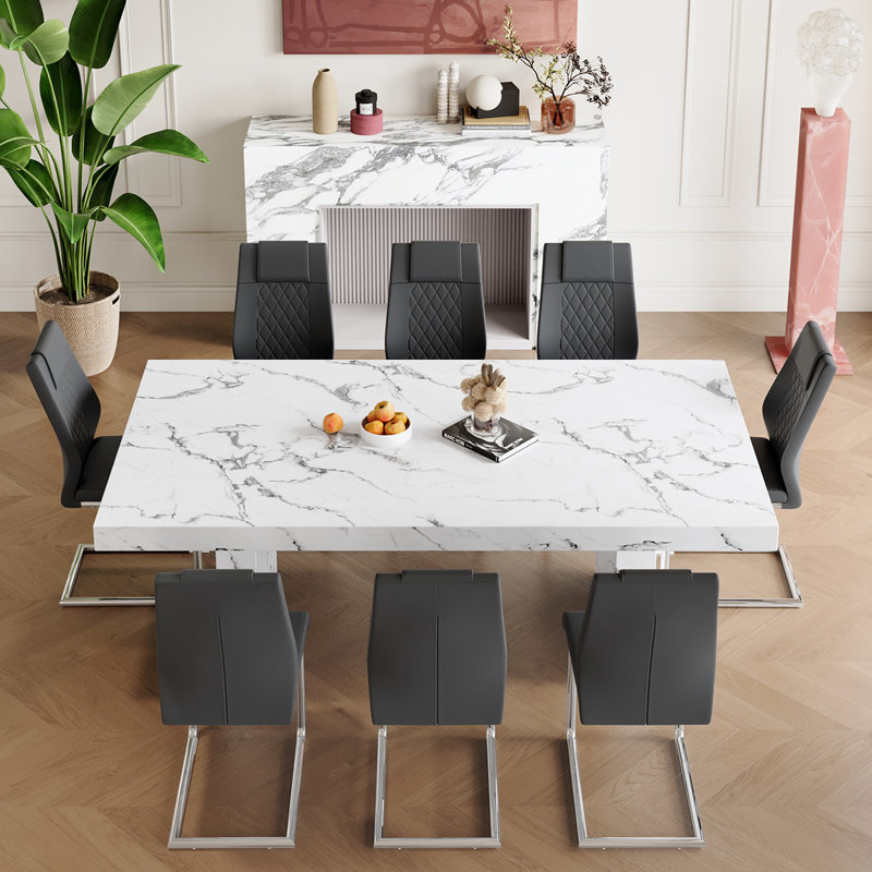 79'' Marble-Patterned Wood Dining Table Set for 8, Black, 9