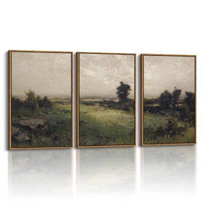 Extra Large Oversized French Country Rustic Farmhouse Field Landscape 3 Pieces Framed Canvas Print Wall Art