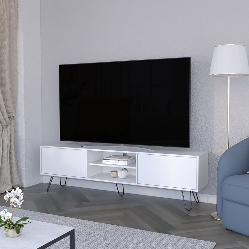 Meuble télé Selby, pieds en épingle à cheveux avec rangement spacieux, Blanc