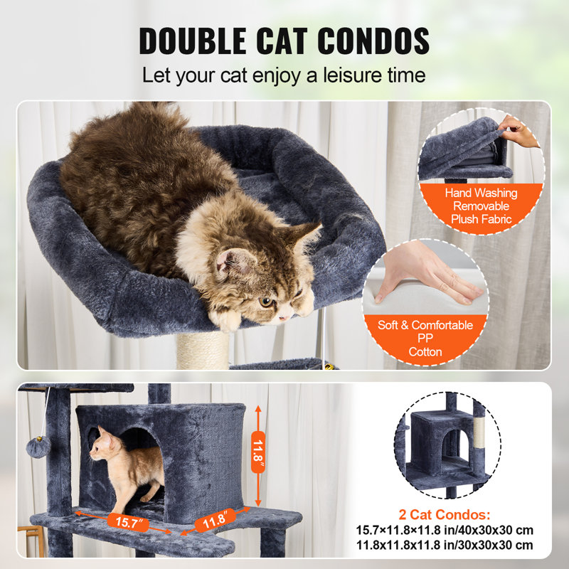 68.5'' Dark Gray Sisal Cat Tree with Condos and Hammock