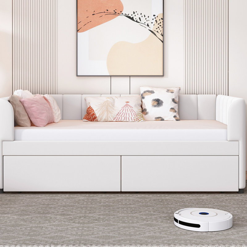 Lit de jour simple beige avec 2 tiroirs et tête de lit ergonomique classique à rayures pour un espace de rangement confortable