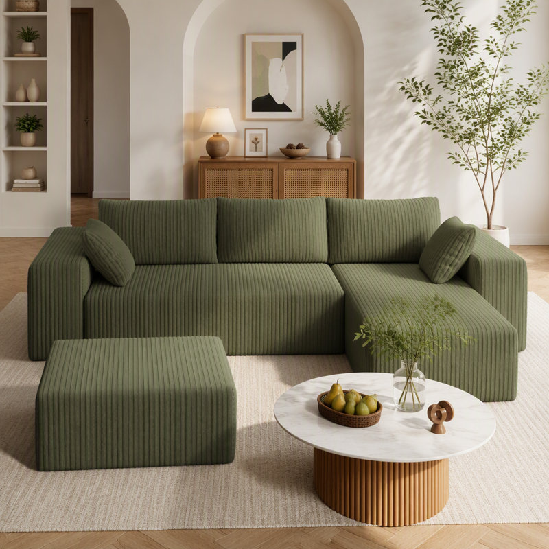 27.55'' Inch Oversized Ottoman For Couch, Corduroy Upholstered Footrest With Compressed Memory Foam, Modular Sectional Cloud Pouf, No Assembly Required, DIY Combination, Green