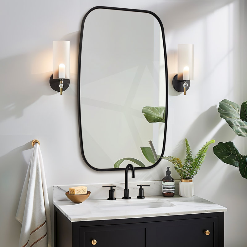 Miroir de salle de bain contemporain | Cadre épais en acier inoxydable, Noir mat, 40 po x 24 po