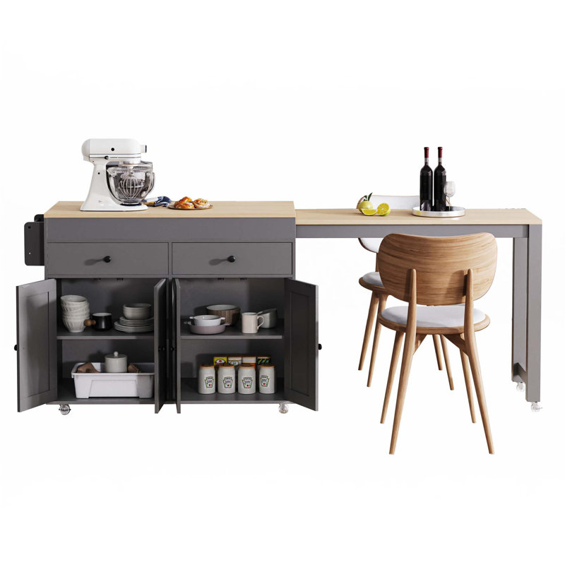 74.5 Inch Kitchen Island With Extendable Dining Table ,Wheels With Spice Rack And 2 Drawers, Gray