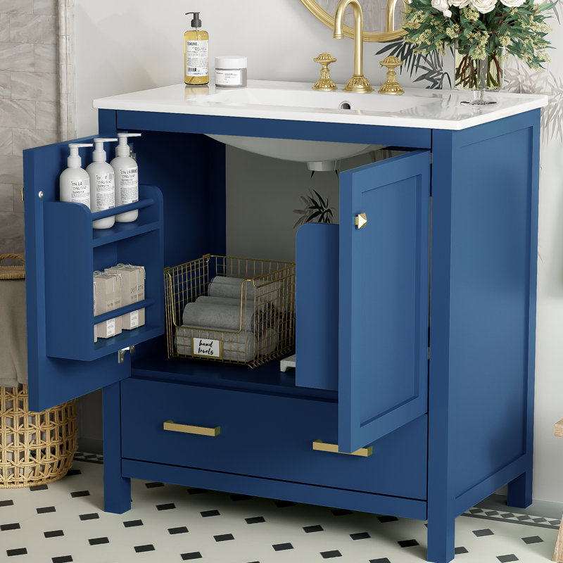 Meuble de salle de bain bleu de 30 po. Meuble-lavabo avec lavabo simple et armoire. Matériau en bois massif. Portes, structure de décoration moderne, extérieur. Lavabo rectangulaire en céramique. 2 1 tiroir. Pour silencieux