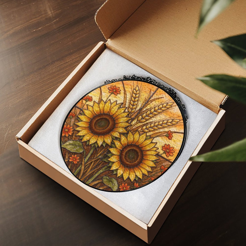 Panneau de vitrail tournesol et blé, 11,8 x 11,8 po (30 x 30 cm)