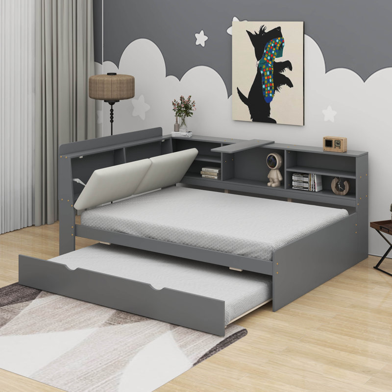 Lit plateforme double avec tête de lit, tablettes et 2 tiroirs, Gris