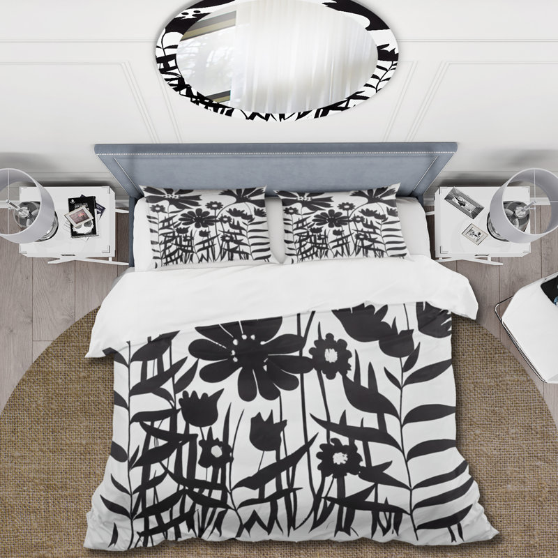 Ensemble de housse de couette en microfibre / polyester à motif de fleurs noires et blanches