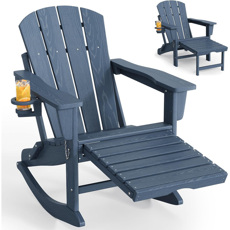 1pcs Folding Adirondack Rocking Chair, with Retractable Ottoman, Blue
