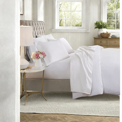 Cooling 4 Piece Queen Cotton Blend Sheets & Pillowcases, White Sateen for Home