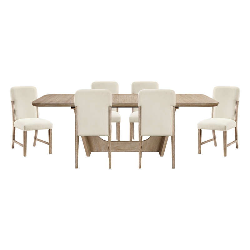 Magnifique table de salle à manger à finition naturelle 7 pièces avec chaises rembourrées beige, 7
