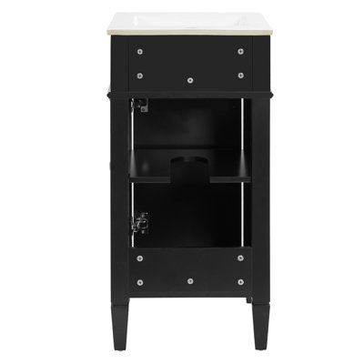 Meuble-lavabo simple autoportant noir français avec lavabo en céramique, porte à fermeture douce, tablette réglable et pieds en bois massif
