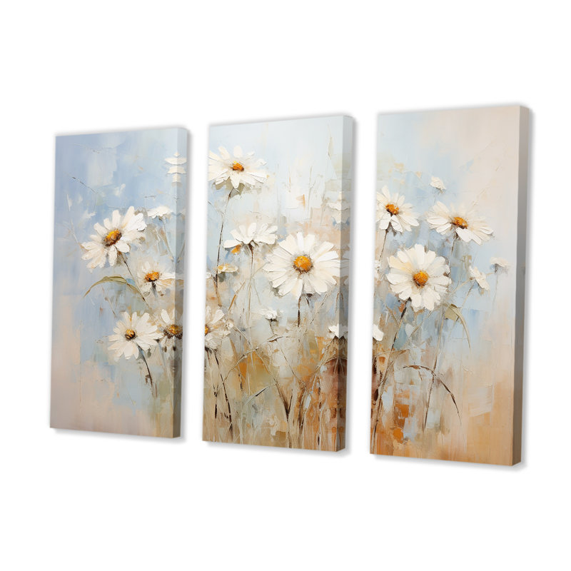 «White Daisy Fields Elegance - Daisies», ensemble d'art sur toile, H 32 po x l 48 po x P 1 po