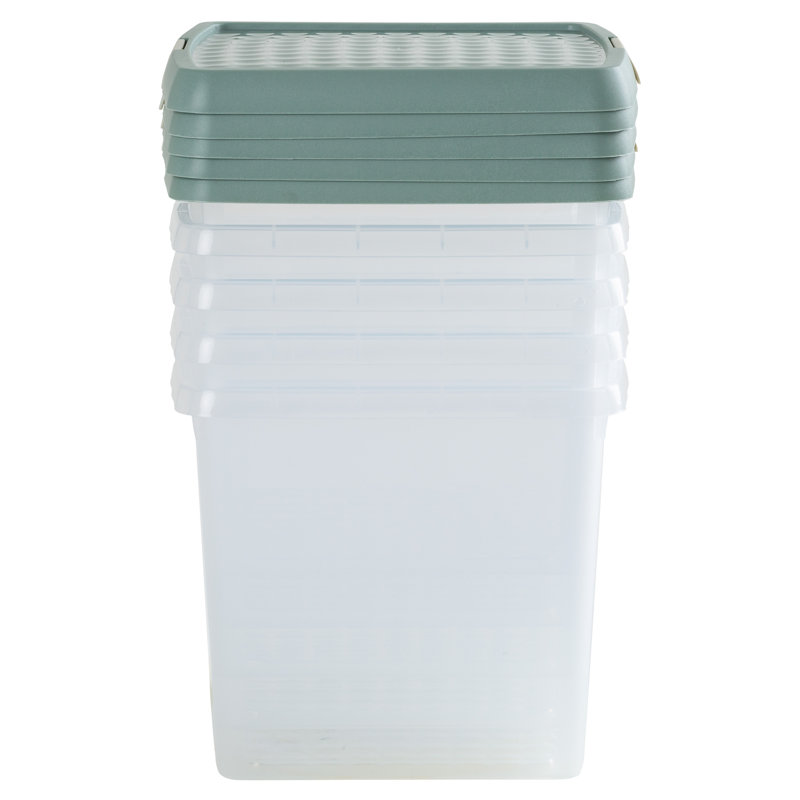 Wham Clip 5x 9L Square Plastic Storage Boxes with Secure Clip Lock Lids. L:29 x W:29 x H:15.5cm Clear/Green Milieu/Stone