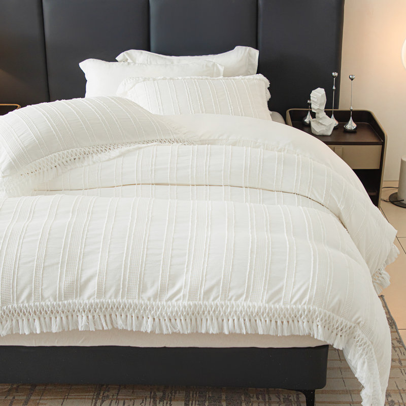 O’BREEZE Boho Striped Tufted Textured Duvet Cover Set with Tassel, Queen Duvet Cover + 2 Standard Pillowcases