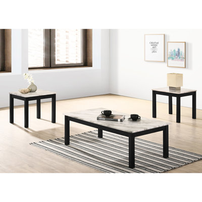 Superbe table basse 3 pièces: plateau en faux marbre blanc, pieds en bois d'hévéa noir, salon 3 avec plateau gracieux et pieds robustes