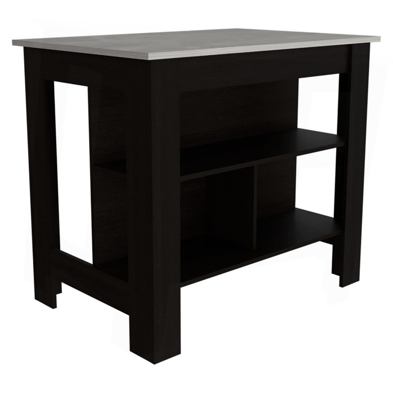 Kitchen Island, Kitchen Table 35" H, Four Legs, Three Open Storage Shelves, Black/White