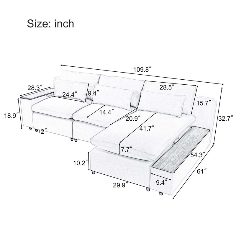L-Shaped Modular Sectional Sofa With Removable Back Cushions, 3 Pillows And 2 Storage Spaces, Latoyo Gray Polyester