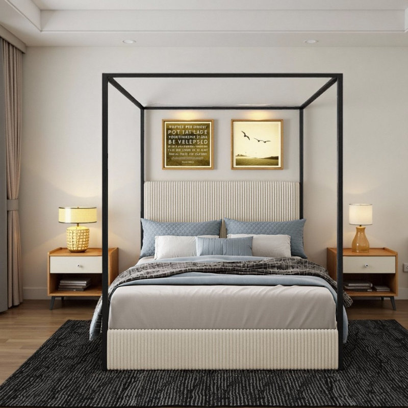 Corduroy Upholstered Canopy Bed With Tall Headboard, King, Cream/Black