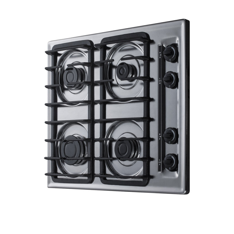 24" Chrome Gas Cooktop with 4 Sealed Burners and Cast Iron Grates