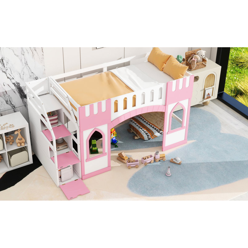 Lit mezzanine simple rose avec fenêtre et escalier de rangement - Structure en bois robuste pour un espace de chambre à coucher pratique et robuste