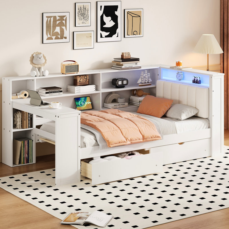 Lit plateforme simple en bois, avec tête de lit tapissier, tablettes de rangement, tiroirs, station de charge, lumières et table à DEL, tête confortable de taille en bois blanc, charge,