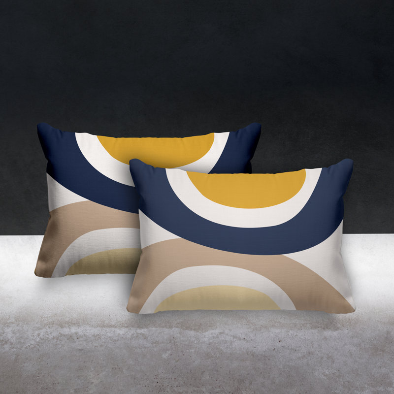 Housse et insert de coussin rectangulaire en polyester pour l'intérieur et l'extérieur, Jaune / bleu marine / beige