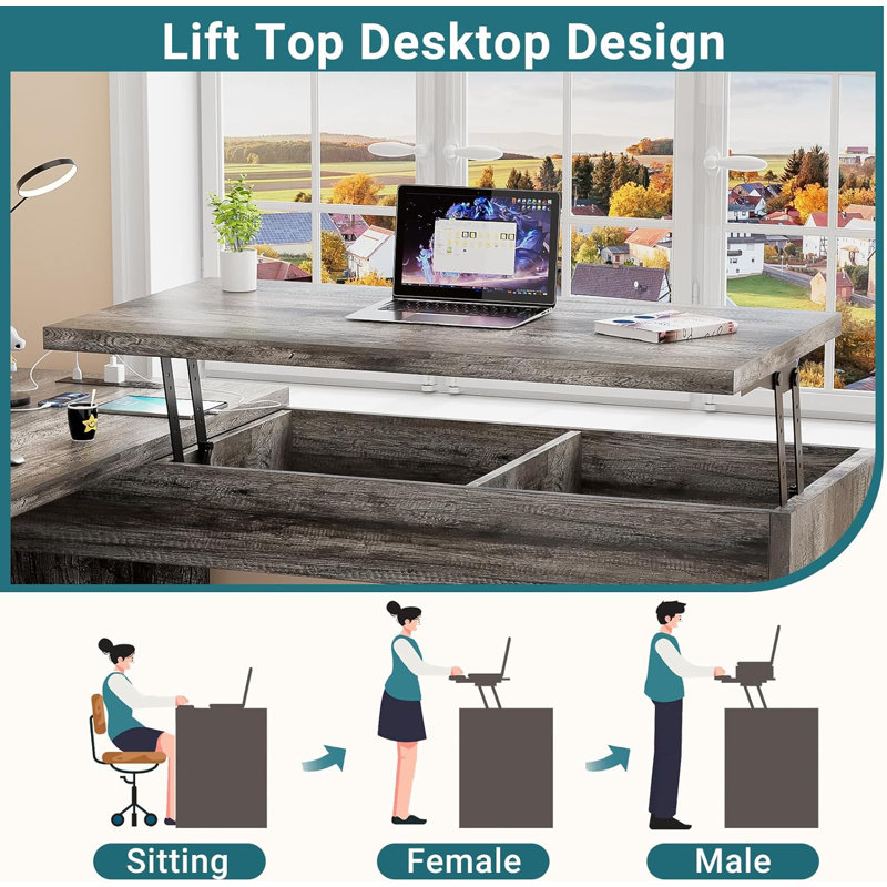 Swapan 56'' Lift Top L-Shaped Desk with Drawers and Power Outlets, Executive Desk, Gray