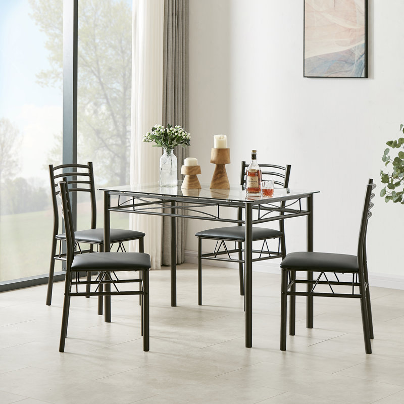 TC 5 Piece Dining Table and Chairs Set Glass Metal Home Kitchen Breakfast Furniture