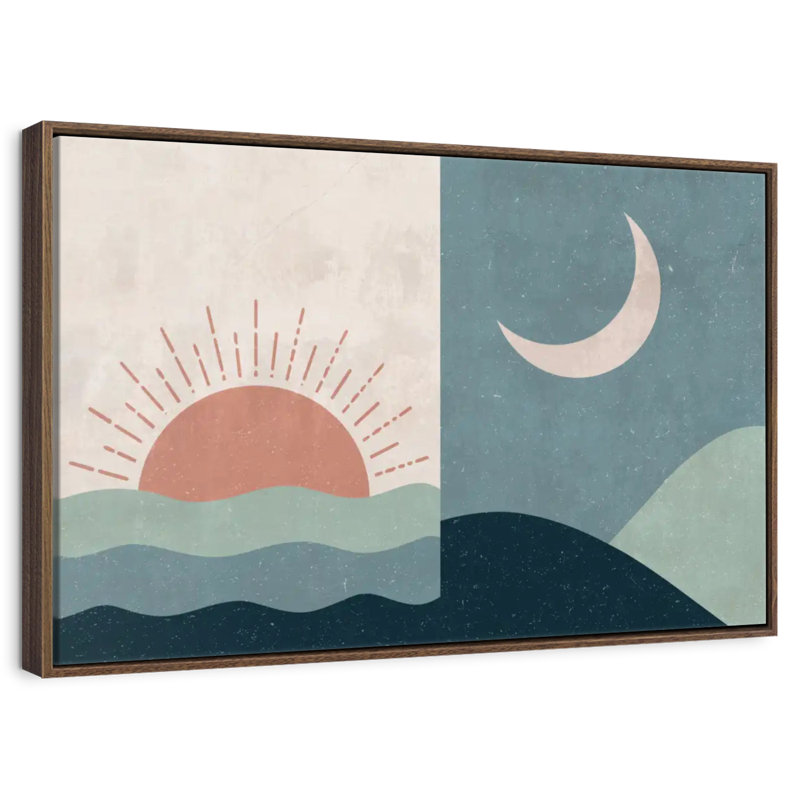 Boho lever et coucher de soleil II, 13 po x 9 po, Cadre flottant en noyer