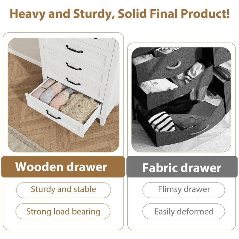 41.3" Tall Vertical Drawer Dresser,  With Large Storage, White