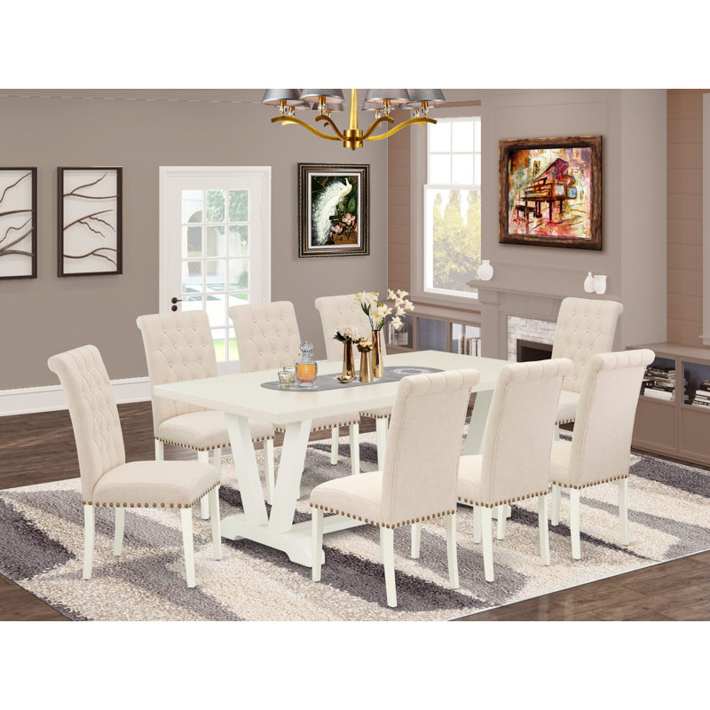 9 Piece Dining Set Includes a Rectangle Dining Room Table with V-Legs and 8 Light Beige Linen Fabric Upholstered Parson Chairs, Wire Brushed Linen White.