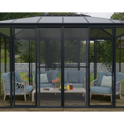 Palram - Canopia Ledro 12' W x 12' D Acrylic Aluminum Enclosed Patio Gazebo with Polycarbonate Roof Panel All-Season Outdoor Room with Screen Doors Gray 