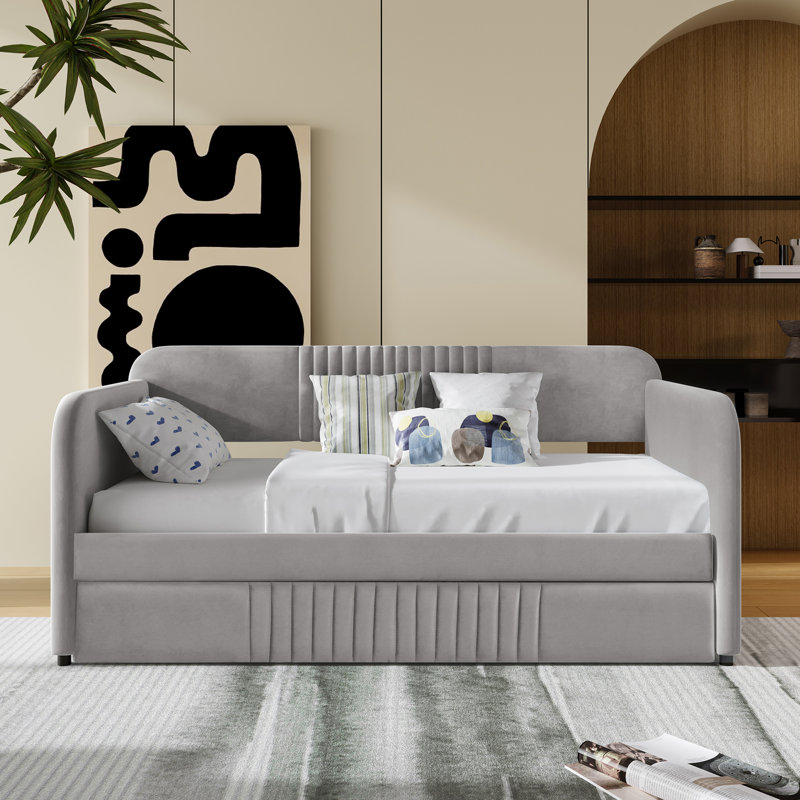 Upholstered Daybed Sofa Bed Twin Size With Trundle Bed and Wood Slat ,Gray