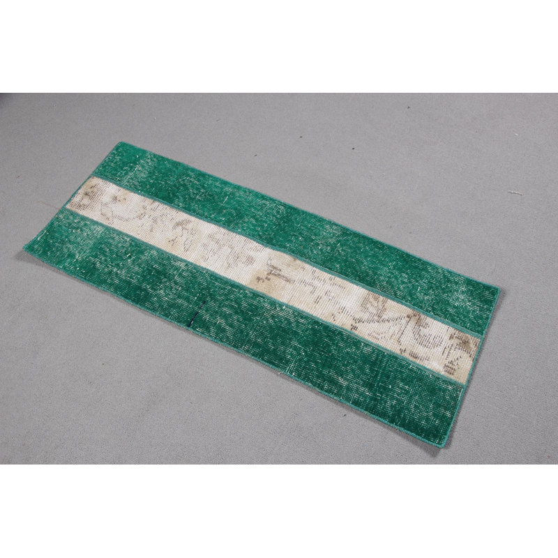 Handmade Traditional Striped Pattern Turkish Rug in Vintage Green Ideal for Home Decor As A Unique Narrow Runner Door Mat