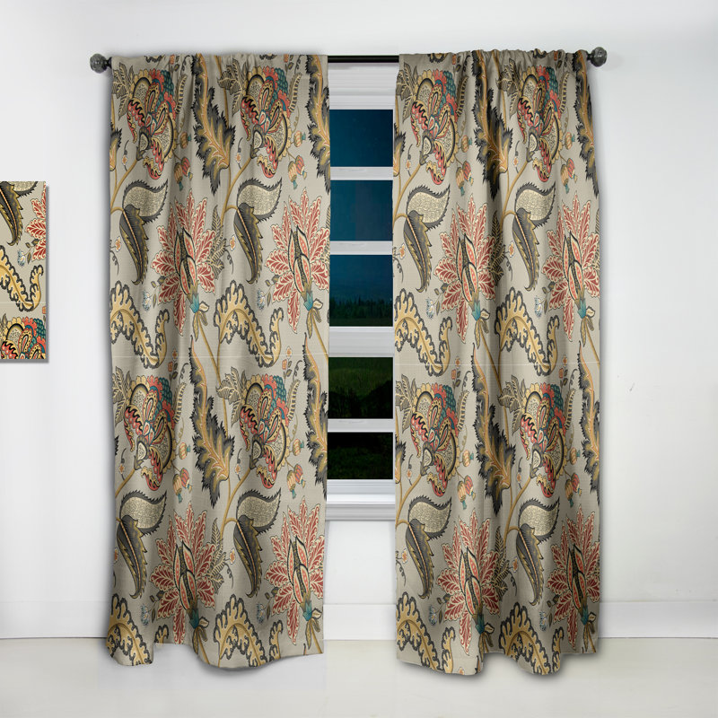 Rideau simple occultant à motif floral rétro indien, L 52 po x L 84 po