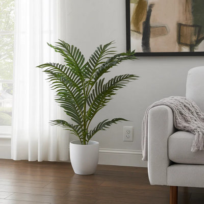 28 Inch Palm Artificial Plant, 12 Adjustable Silk Green Leaves W White Pot