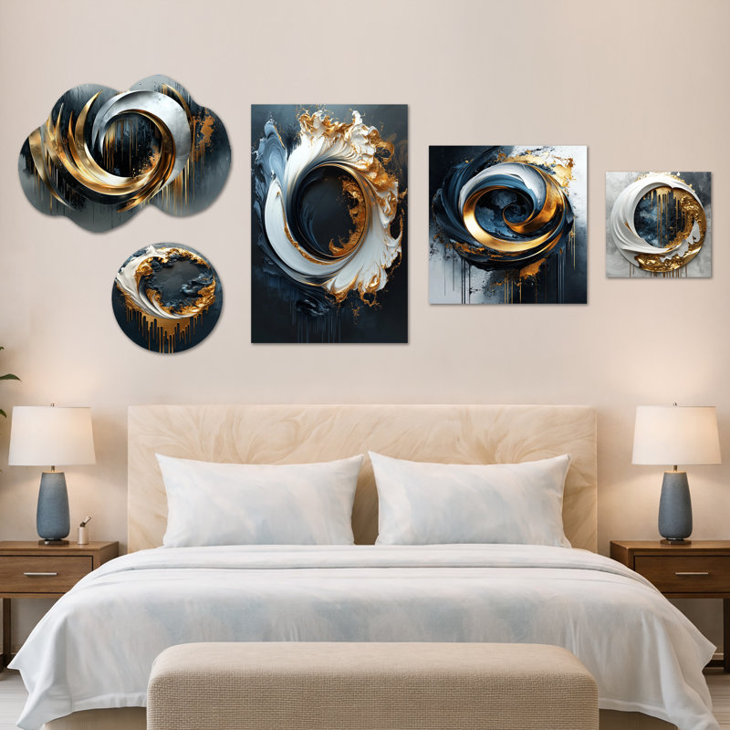Formes abstraites et lignes noires I - ensemble d'art mural moderne surdimensionné, métal et toile encadrée 5 pièces (100 po x 40 po)