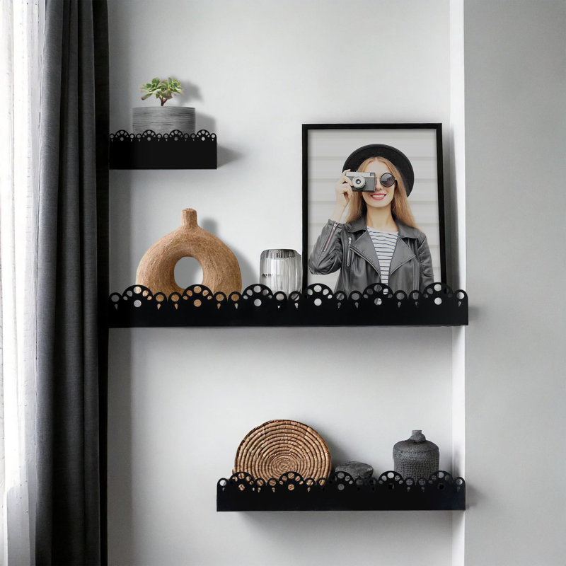 Scallop Metal Floating Shelves, 3pc Picture Ledge Set, Black