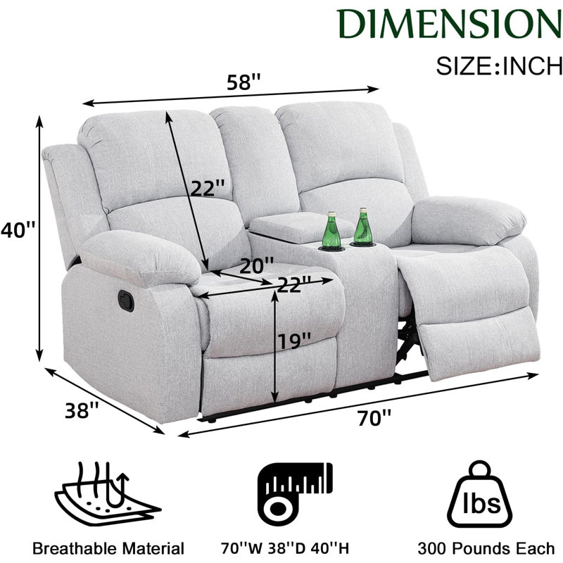 69" Manual Recliner Loveseat With Cup Holders &  Storage, White