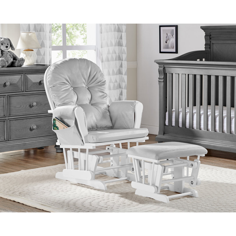 Cleo Wooden Glider and Ottoman, White Wood, Light Gray Polyester
