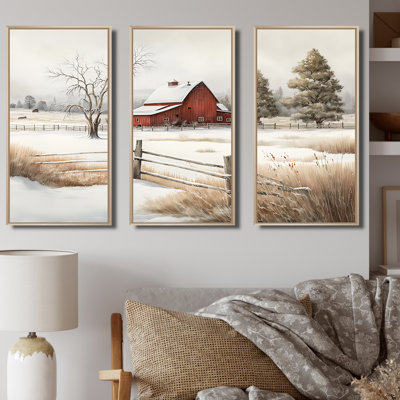 «Red Barn Scenery In Winter VI», ensemble d'art mural sur toile
