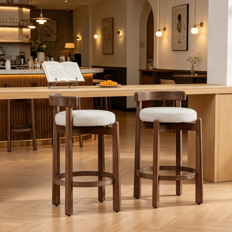 Tabourets pivotants avec repose-pieds en bois massif et lin de 26 po Cicero, Beige, 2