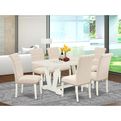 Ensemble de salle à manger 7 pièces comprenant une table rectangulaire à pieds en V et 6 chaises Parsons en lin beige clair, 101,6 x 182,9 cm, multicolore