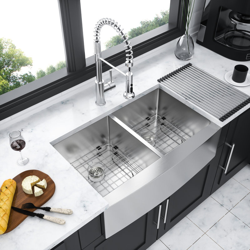Stainless Steel Apron Front Double Bowl Sink - 33"X21"X10", Maintains Its Shine Over Time 33X21x10 With Functionality And Aesthetics Combined