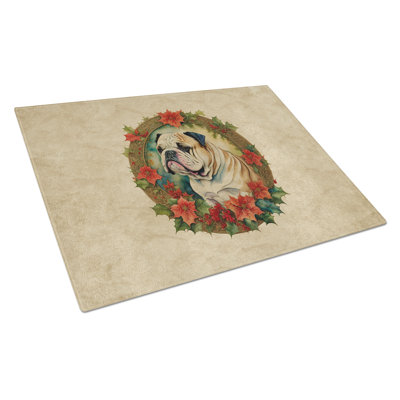 English Bulldog Christmas Flowers Glass Cutting Board